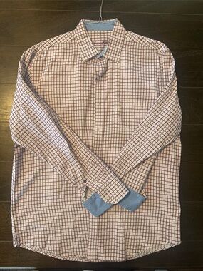 Men's White and Burgundy Checked Dress Shirt